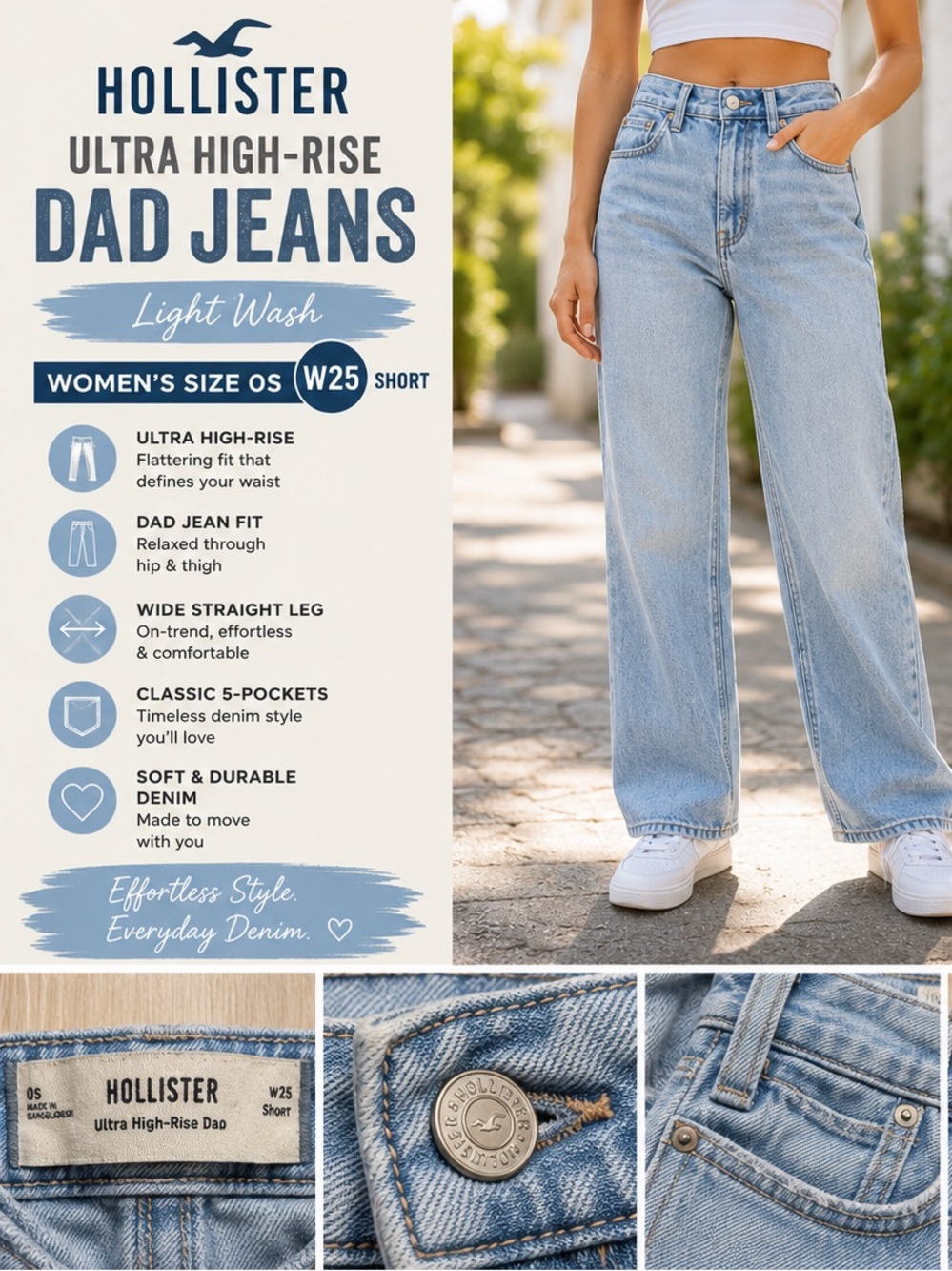 Hollister Ultra High-Rise Dad Jeans Women’s Size 0S W25 Short Light Wash Wide